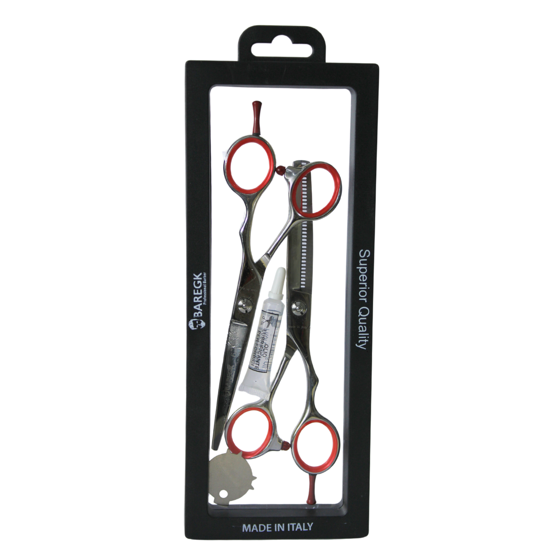 KIT DE TIJERAS PROFESIONALES EN COLOR PLATEADO Y ROJO - BAREGK