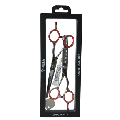 KIT DE TIJERAS PROFESIONALES EN COLOR PLATEADO Y ROJO - BAREGK